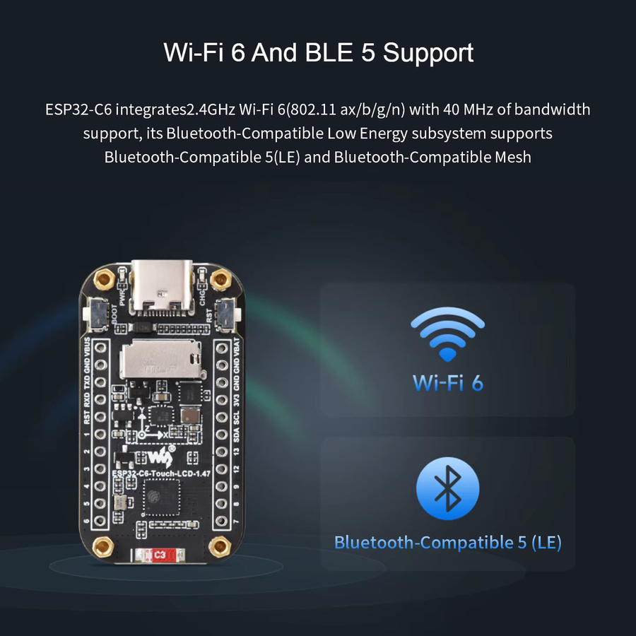 SHCHV ESP32 C6 Entwicklungsboard mit 1,47 Zoll LCD-Display, RGB-LED, WiFi 6 und Bluetooth, Schwarz, 4 MB oder 16 MB Speicher, kompatibel mit Arduino und LVGL - Bild 3