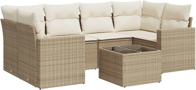 vidaXL 7-teilige Garten-Sofagarnitur aus Poly-Rattan mit Kissen in Beige-Creme - Bild 1