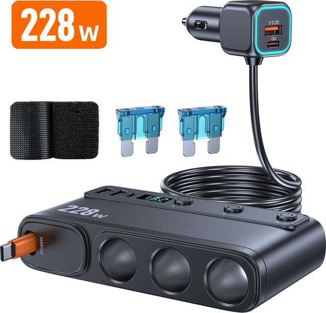 kebidumei 9 in 1 Auto Schnellladegerät Adapter mit 228 W, DC Zigarettenausgang, PD 3 Steckdose und unabhängigen Schaltern, Schwarz - Bild 1