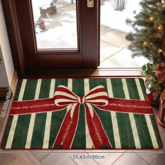 Vintage Weihnachts-Fußmatte mit rot-grünen Streifen und festlicher Schleife, rutschfester und saugfähiger Teppich für den Innenbereich, B/T: 60 x 40 cm - Bild 1