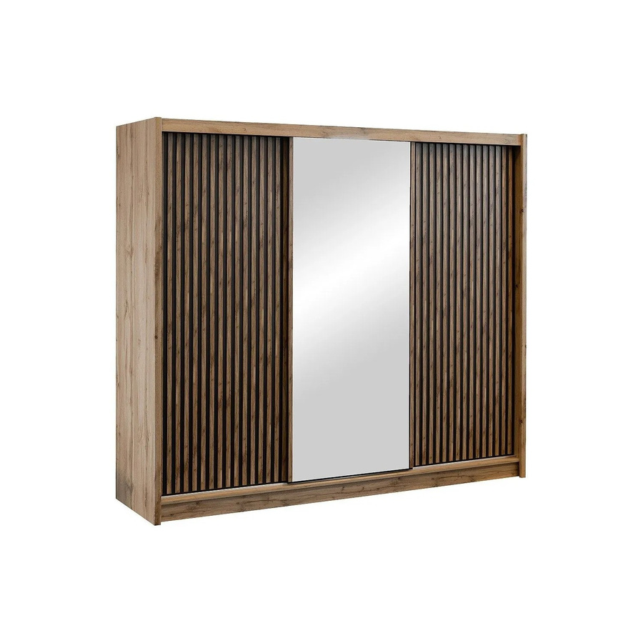 Vente-unique Kleiderschrank Calowi mit Schiebetüren und Spiegel in Natur, Schwarz und Braun, B: 250 cm, H: 215 cm, T: 60,5 cm - Bild 2