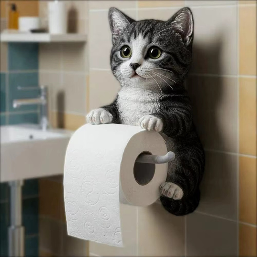 Wandmontierter Toilettenpapierhalter in Katzenform von alloet aus Kunstharz, dekorativer Papierhalter in Grau für Bad und Küche - Bild 2