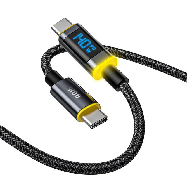 AOHI USB C auf USB C Kabel mit LED Display, 140W PD Schnellladekabel aus Nylon und Aluminium, Schwarz - Bild 1
