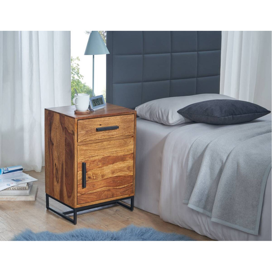 Wohnling Nachtkonsole im Industrial-Style aus Sheesham Massivholz und Eisen, Braun/Schwarz, B/H/T: 45 x 65 x 35 cm - Bild 3