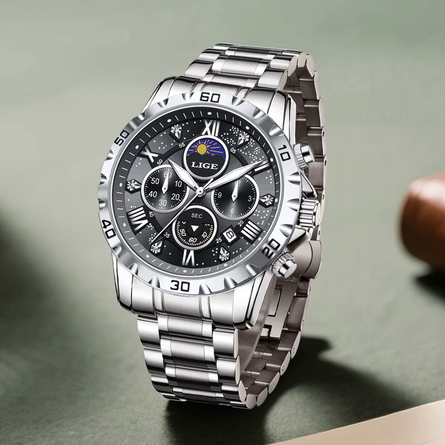 LIGE Armbanduhr Chronograph, Edelstahl, Quarz, Schwarz, Herren - Bild 5