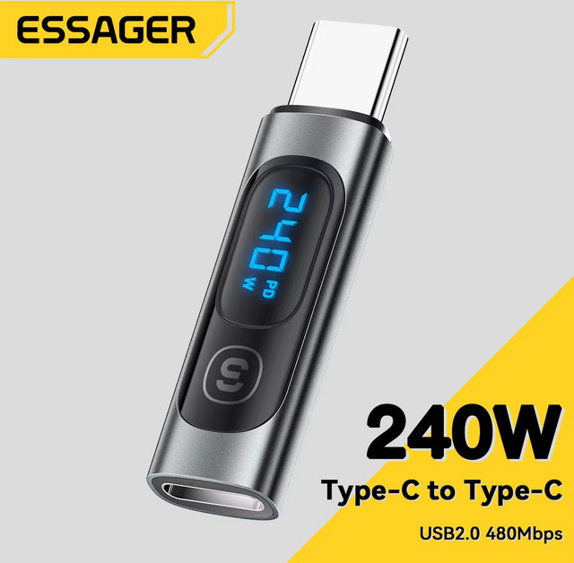 Essager USB C auf USB C OTG Adapter mit digitalem Display, PD 240W und 100W Datenübertragung, Schwarz/Grau - Bild 1