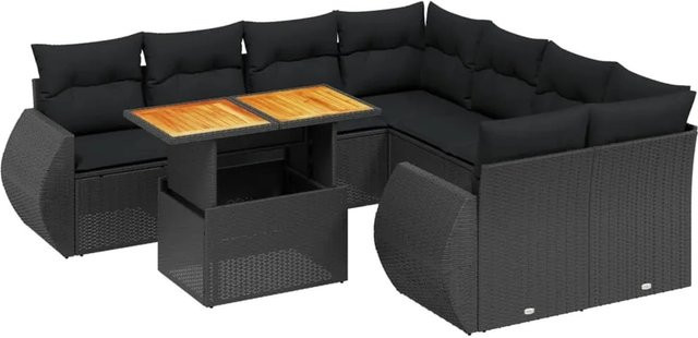 vidaXL 9-teilige Garten-Sofagarnitur in L-Form aus schwarzem Poly-Rattan mit Kissen und pulverbeschichtetem Stahlrahmen - Bild 1