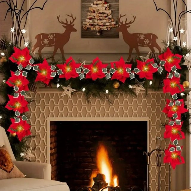 Peach Forest Künstliche Weihnachtsstern-Girlande mit roten Beeren und Stechpalmenblättern in Rot - Bild 1