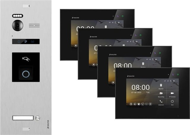 BALTER EVO-HD WIFI Video-Türsprechanlage mit Fingerprint und RFID für 1-Familienhäuser, Set mit 4 Monitoren, Schwarz/Silber - Bild 1