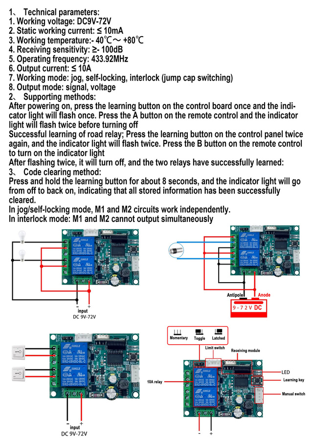 Scimagic-RC Drahtloser Schalter mit 433MHz RF Fernbedienung und 2-Kanal Relaismodul für DC 12V 24V 9-72V zur Steuerung von Garage, Vorhangmotor, Licht und Haushaltsgeräten - Bild 5