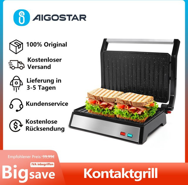 Aigostar Kontaktgrill in Schwarz mit Edelstahl-Design, 1500W Panini Grill und Sandwichmaker mit Antihaftbeschichtung und abnehmbarer Ölsammelbox - Bild 1