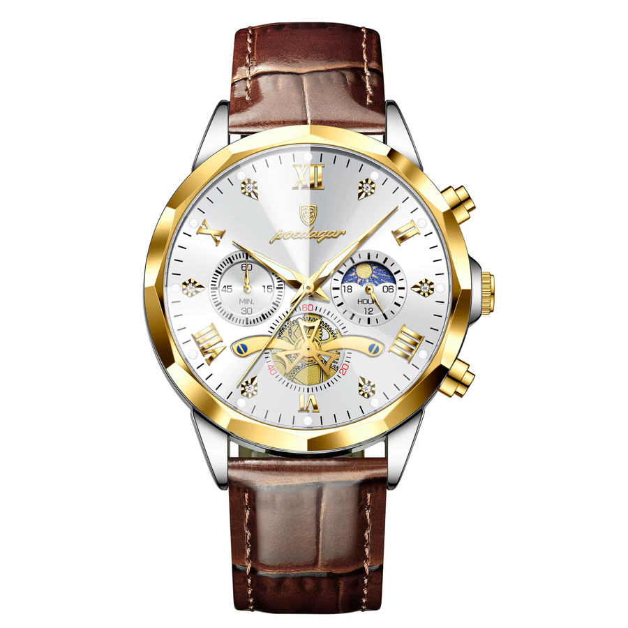 POEDAGAR Chronograph, Quarzuhr, Lederarmband, Silber, Herren - Bild 7