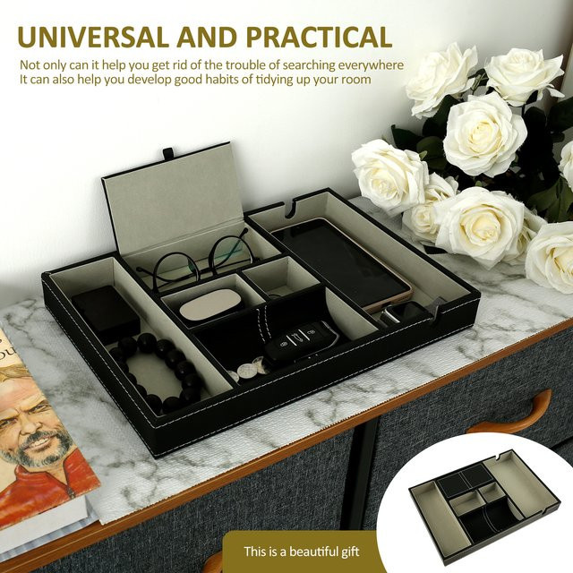 Willstar Desktop-Organizer aus PU-Leder als Valet-Tablett für Herren in Schwarz mit 5/6 Fächern, B: 35,0 cm, H: 8,0 cm - Bild 1