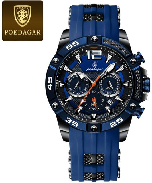 POEDAGAR Armbanduhr Chronograph, Quarz, Silikon, schwarz/blau, Herren - Bild 1