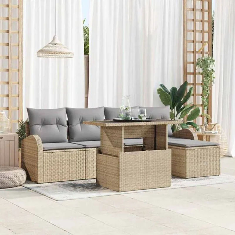 Vidaxl Garten-Sofa-Set aus Poly-Rattan mit Kissen und integriertem Stauraum in Beige, 6-teilig - Bild 1