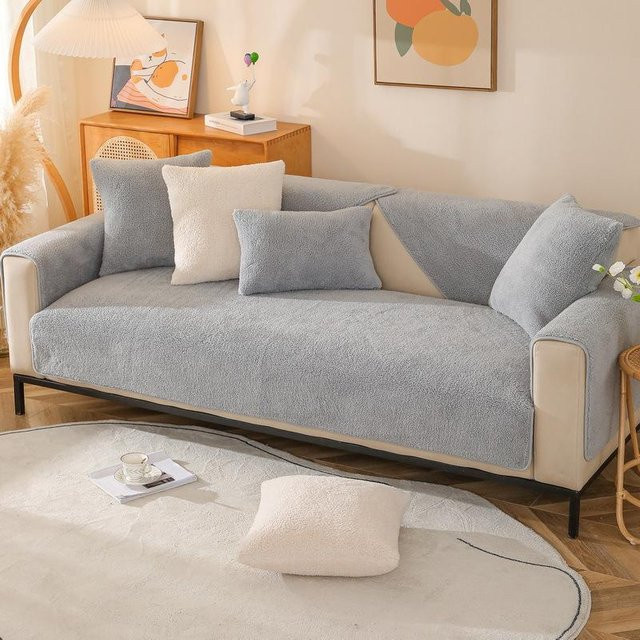 Super Six Lammfell-Sofabezug aus Samt in Grau, rutschfester Kissenbezug für das Wohnzimmer, B/T/H: 70 x 70 x 70 cm - Bild 1