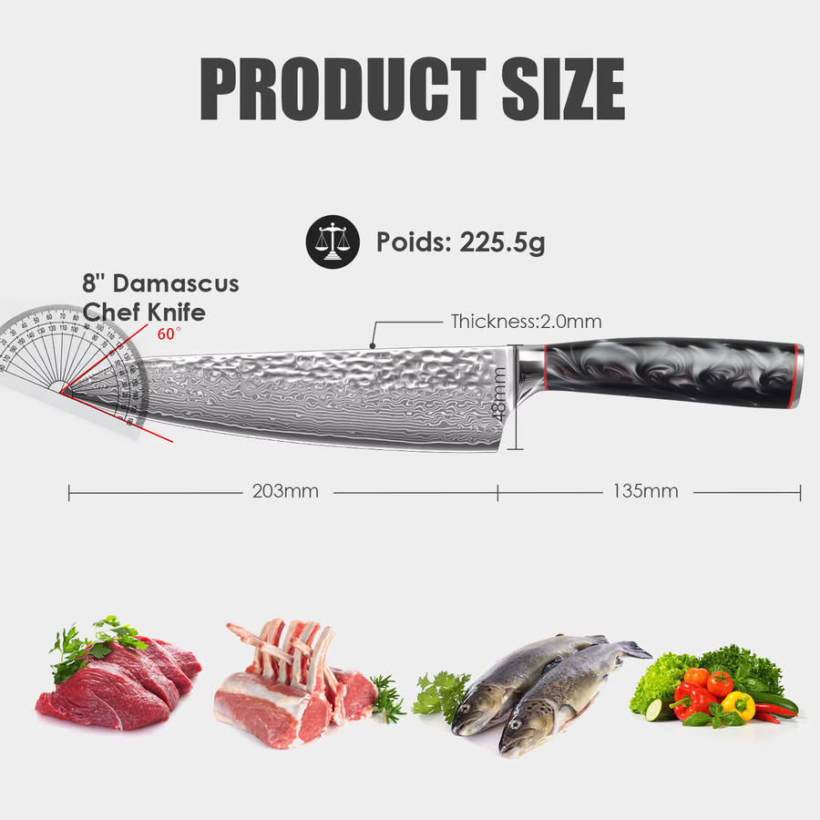WOLFDAO Damaszener Stahl Kochmesser mit 67 Lagen, 8 Zoll Küchenmesser mit schwarzem G10 Griff, ergonomisches Design für Fleisch, Fisch, Obst und Gemüse - Bild 2