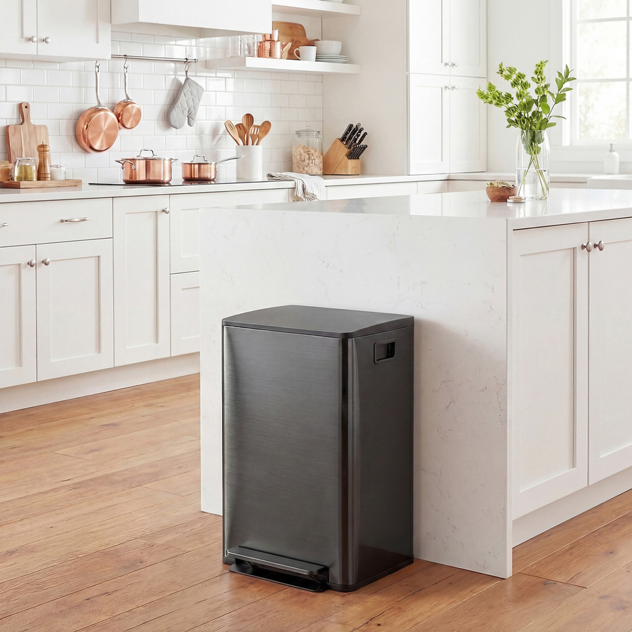 HOMCOM Mülleimer Küche Edelstahl Schwarz mit 2 Fächern à 30 L, Treteimer mit Softclose-Deckel und abnehmbaren Inneneimern, B/T/H: 47,7 x 37,5 x 66,8 cm - Bild 2