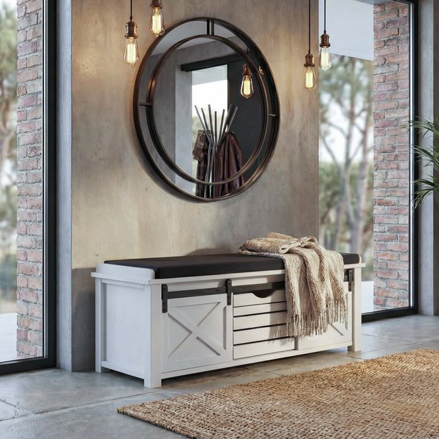 MCW Sitzbank mit Staufächern MCW-H53 als Polsterbank und Sitz-Kommode im Shabby-Look aus Massiv-Holz und Metall mit Stoffbezug, Farbe: Weiß, B/T/H: 102 x 43 x 33 cm - Bild 1