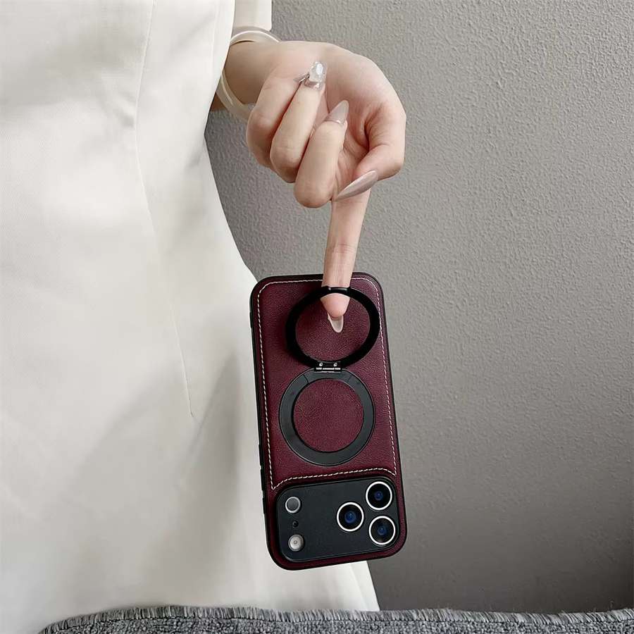 Magnetische Lederhülle in Weiß für iPhone 17 Air 16 15 14 13 12 Pro Max Plus mit 360 Grad drehbarem Metallringständer und MagSafe-Kompatibilität - Bild 4