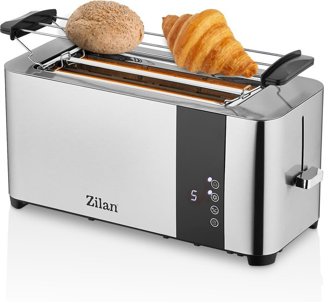 Zilan Edelstahl Langschlitz Toaster mit Brötchenaufsatz und Krümelschublade in Silber, 1400 W - Bild 1