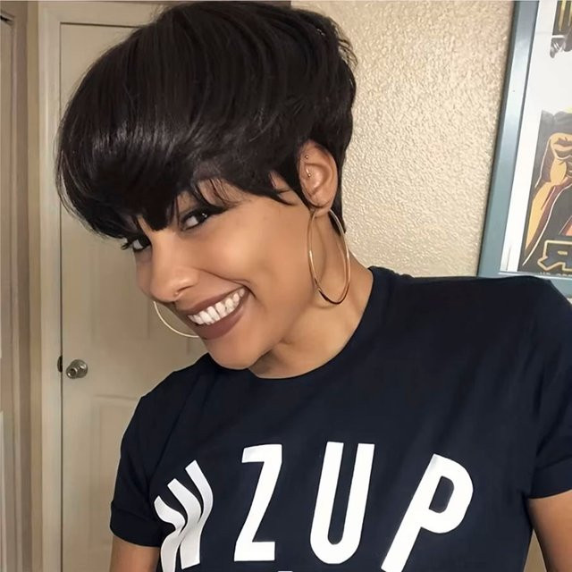 OYM HAIR Pixie-Schnitt-Perücke, Echthaar mit Pony, schwarz, Damen - Bild 1