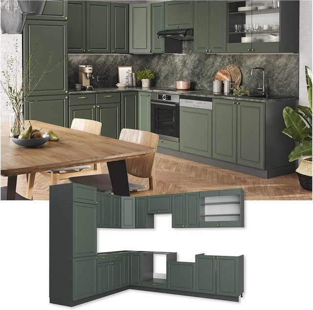Vicco Eckküche Fame-Line Landhausstil in Anthrazit Grün Gold mit Einbauküchen-Elementen B/T/H: 227 x 60 x 287 cm - Bild 1