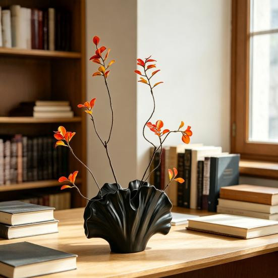 Yousheng Keramik Blumenvase in Ginkgoblatt-Design, dekorative Blattform Vase für dein Zuhause in Schwarz - Bild 5