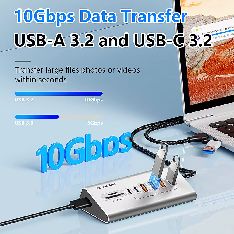 Blueendless Aluminium USB-C und USB-A Hub 8-in-1 mit USB 3.2 Gen2 10 Gbit/s und TF/SD-Kartenleser in Silber - Bild 3