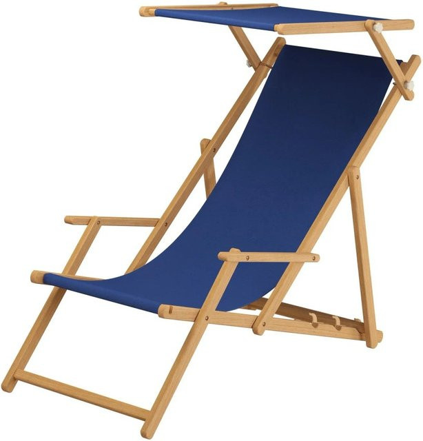 Erst-Holz Holz-Liegestuhl mit Sonnendach und verstellbarer Kopfstütze in Blau - Bild 1