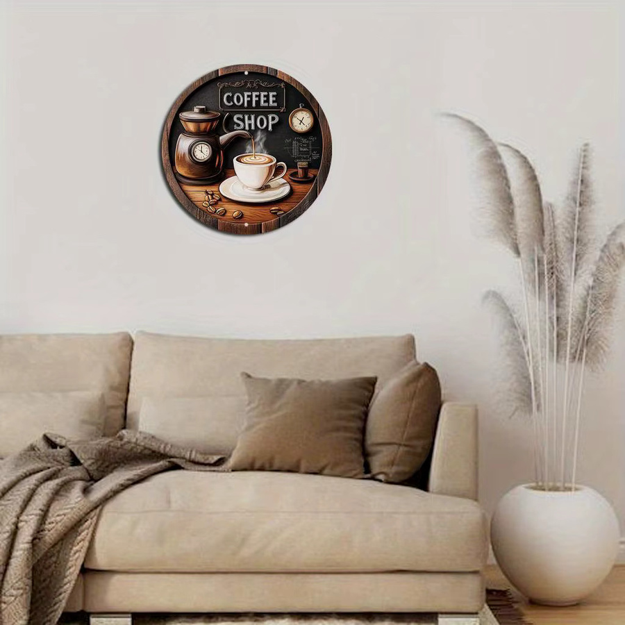 Potdemiel Runde Aluminium-Wandkunst im Vintage-Stil mit Kaffee-Thema, Mehrfarbig, Durchmesser: 20,3 cm - Bild 4