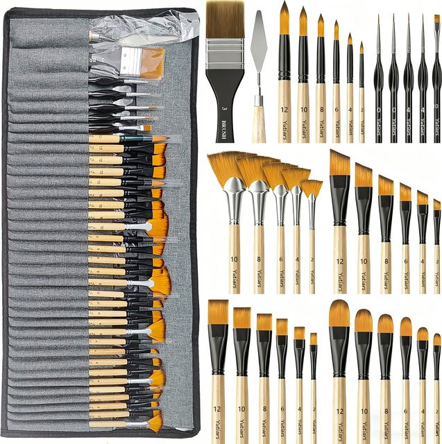 36-teiliges professionelles Pinselset mit Palettenmesser und Stoffrolle aus Holz in Mehrfarben für Acryl, Öl, Aquarell und Gouache - Bild 1