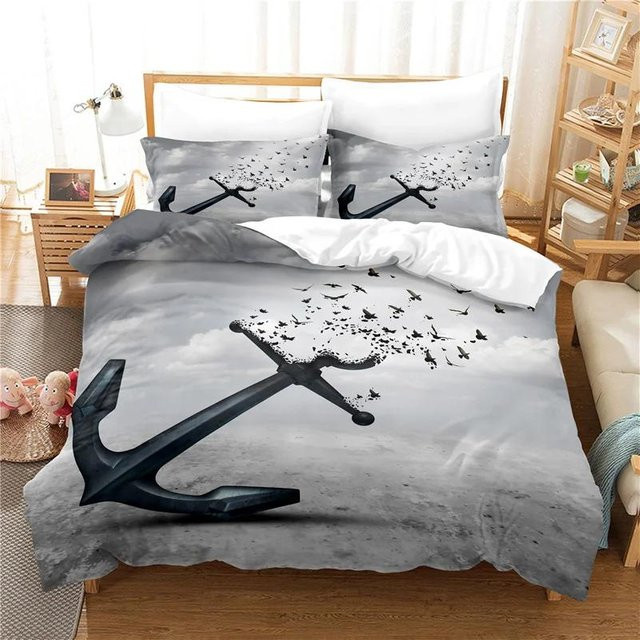 Binchi Fitness Bettwäsche-Set mit nautischem Anker-Muster in Grau, bestehend aus Bettbezug und Kissenbezug, B/H: 135 x 200 cm - Bild 1