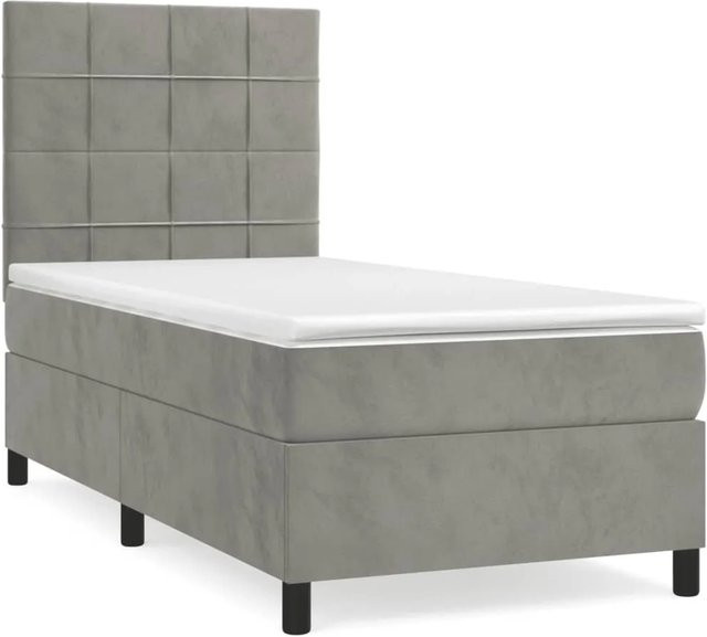 vidaXL Boxspringbett mit Matratze in Hellgrau aus Samt, Hybrid-Modell mit Taschenfederkern, B/T/H: 90 x 200 x 128 cm - Bild 1
