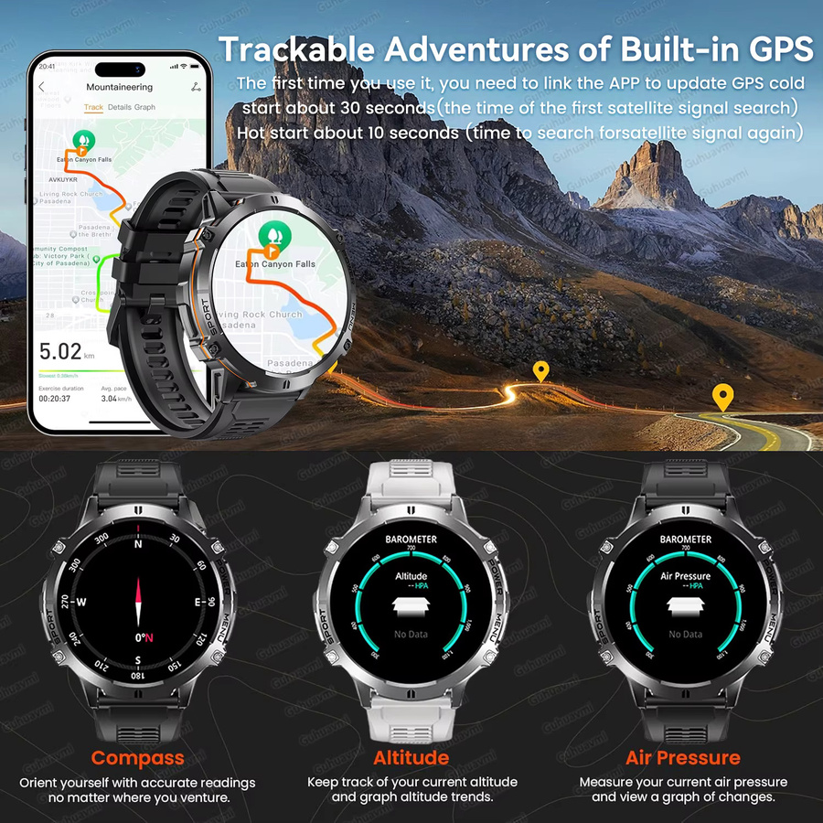 GUHUAVMI Smartwatch für Männer in Schwarz mit 1000 mAh Akku, GPS, Kompass, Bluetooth-Anruffunktion und 10ATM Wasserdichtigkeit - Bild 4