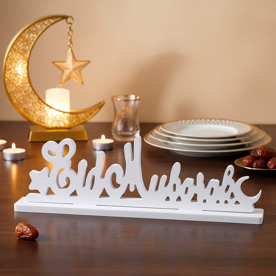 Dekoratives Kunsthandwerk Eid Mubarak mit Stern und Mond in Weiß für festliche Anlässe - Bild 2