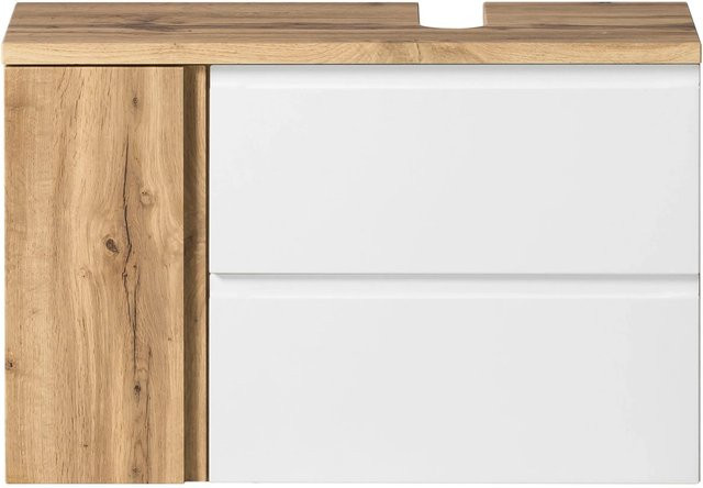 Held Möbel Unterbeckenschrank Ancona Weiß-Wotaneiche matt mit Ausschnitt rechts Breite: 85 cm - Bild 1