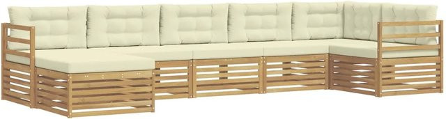 vidaXL Outdoor-Sofagarnitur in L-Form aus massivem Akazienholz mit 7 Kissen in Weiß und Beige - Bild 1