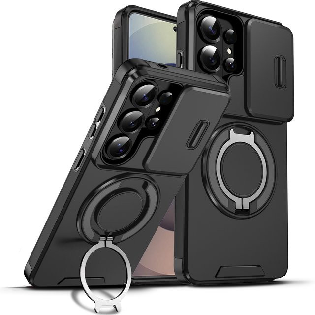 Robuste Samsung Galaxy S24 Ultra Handyhülle mit magnetischer Halterung und Schiebe-Kameraschutz in Schwarz und Gelb - Bild 1