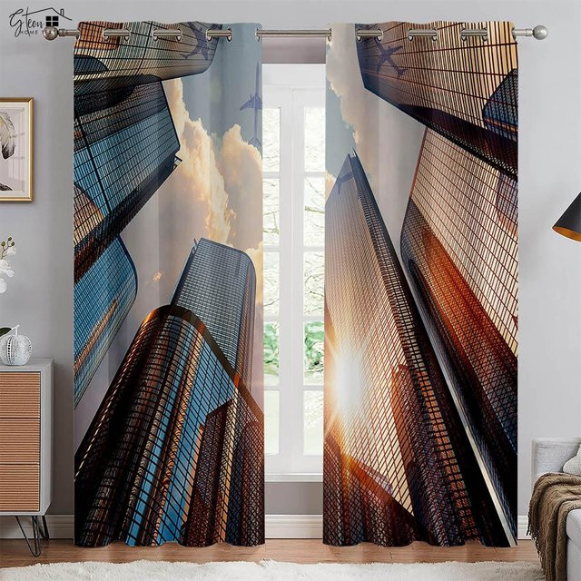 Yiran Furniture Vorhänge mit Stadtgebäude-Motiv in Nachtansicht, 2er-Set, Mehrfarbig, Polyester, halbtransparent, B: 91,5 cm, H: 160 cm - Bild 1