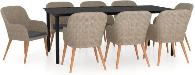 vidaXL 9-teilige Garten-Essgruppe aus Akazienholz und PE-Rattan in Braun mit Glasplatte und Kissen - Bild 1