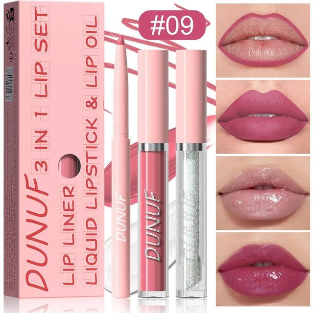 Wasserfester Lipgloss und Lipliner Set, Matt, 3er Set - Bild 1