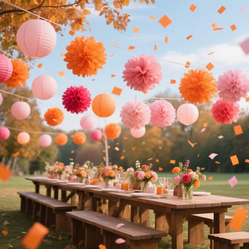 14-teiliges Herbst-Papierlaternen-Set mit Tissue-Pom-Poms in Mehrfarbig, runde hängende Papierdekoration für Hochzeit, Geburtstag und Party - Bild 2