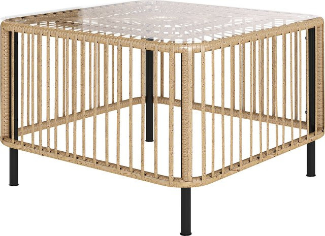 Outsunny Polyrattan Gartentisch mit Glasplatte in Naturholz-Optik, quadratischer Beistelltisch für Garten, Terrasse und Balkon, B/T/H: 65 x 65 x 43 cm - Bild 1