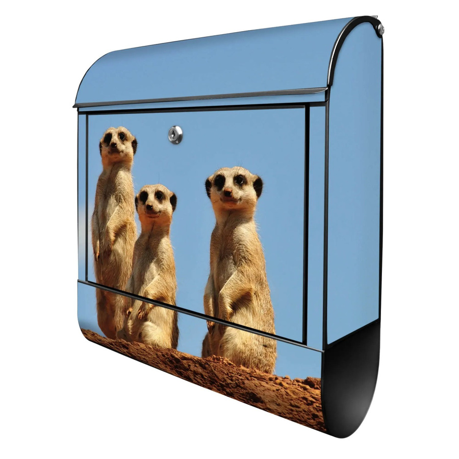 Banjado Design Briefkasten Schwarz Pulverbeschichtet mit Zeitungsfach und Erdmännchenfamilie Motiv, B/T/H: 39 x 14 x 47 cm - Bild 2