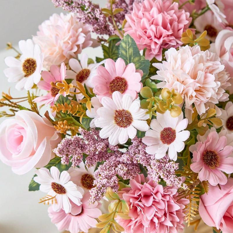 Künstlicher Blumenstrauß von chenxiaogang mit Rosen, Gänseblümchen und Löwenzahn in Orange, ideal für Hochzeiten und die Heimdekoration - Bild 1