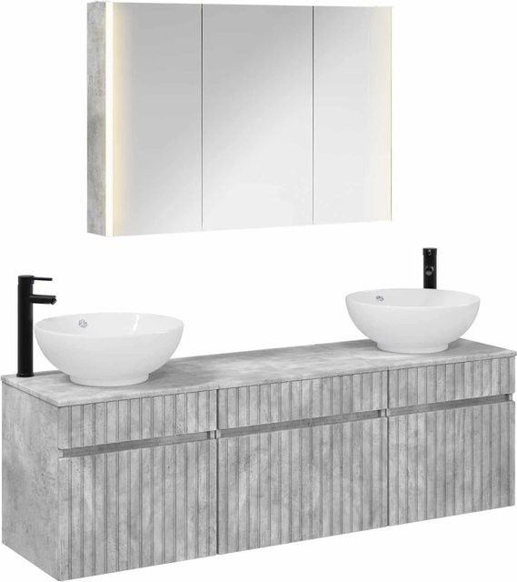 vidaXL Badezimmerschrank-Set 4-teilig in Betongrau mit LED-Beleuchtung und Spiegelschrank, B/T/H: 103,5 x 15,5 x 70 cm - Bild 1