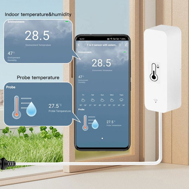 Tuya WiFi Temperatur- und Feuchtigkeitssensor mit externer Sonde von ALARMEST, Farbe: Weiß, Smart Home Hygrometer zur APP-Überwachung für Pflanzen und Aquarien - Bild 1