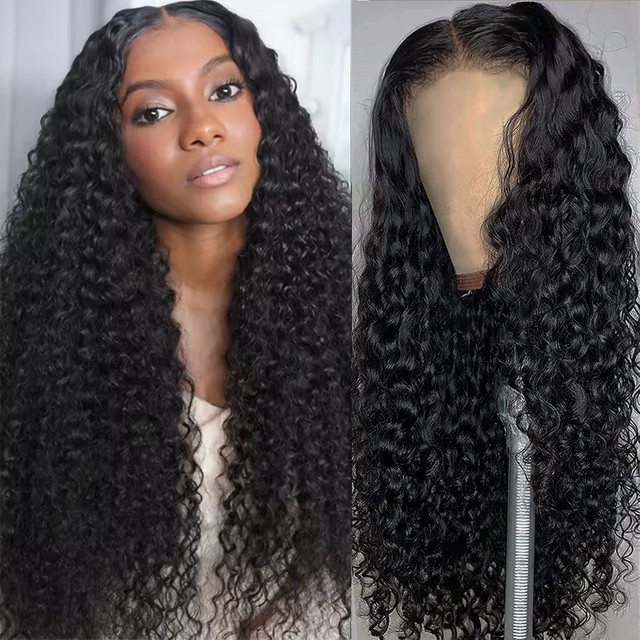 Sooolavely Lace Front Perücke, Deep Wave, lockiges brasilianisches Echthaar, Schwarz, Unisex - Bild 1