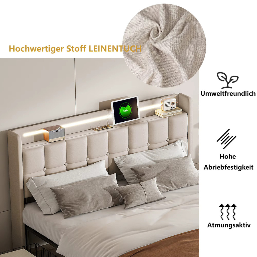 Anajqaqia Polsterbett mit 4 Schubladen und LED-Kopfteil inklusive USB-Ladefunktion, Doppelbett aus Leinen in Beige, B/T: 180 x 200 cm - Bild 4